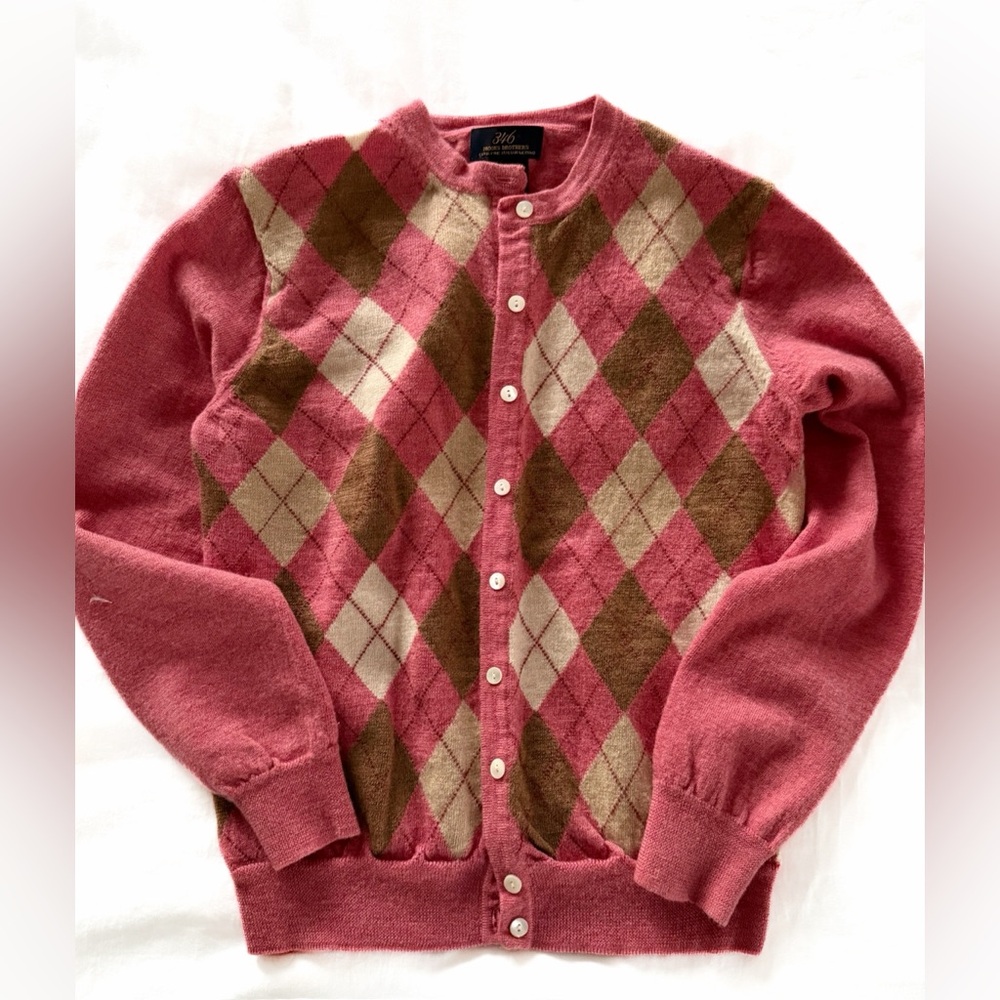 Brooks  Brothers  Pink Argyle Merino wool  Button Cardigan Sweater